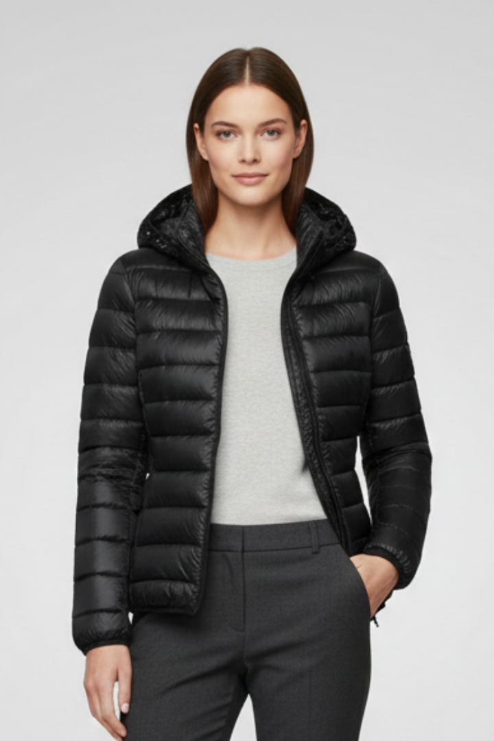 Women's Quilted Puffer Jacket with Hood and Zip Fastening