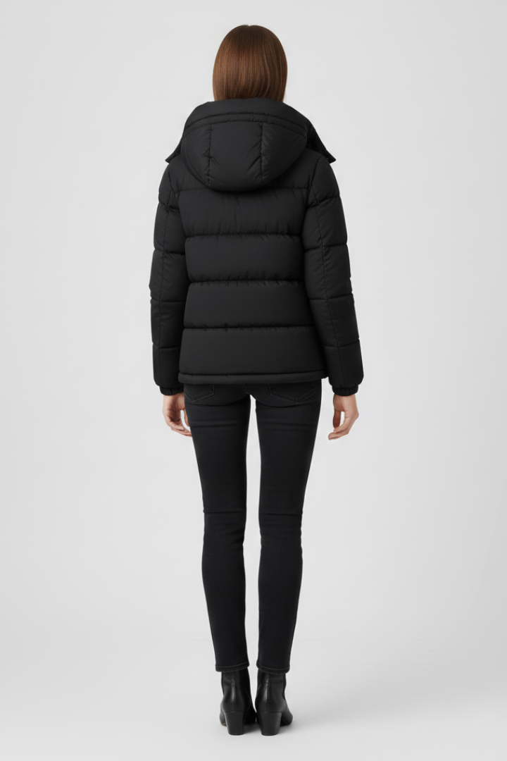 Women's Black Puffer Jacket with Hood and Zip Front