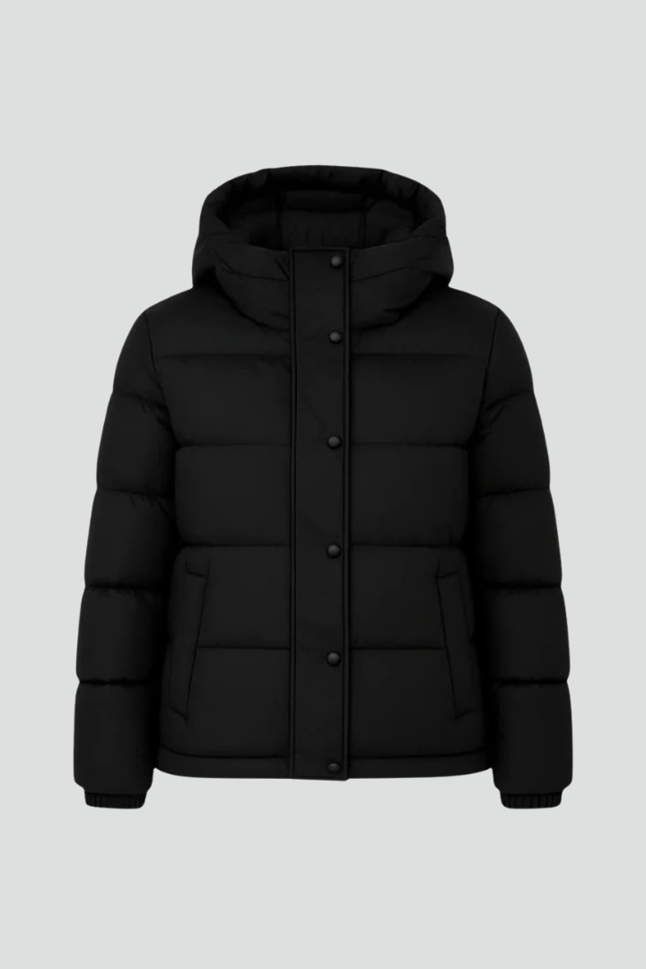 Women's Black Puffer Jacket with Hood and Zip Front