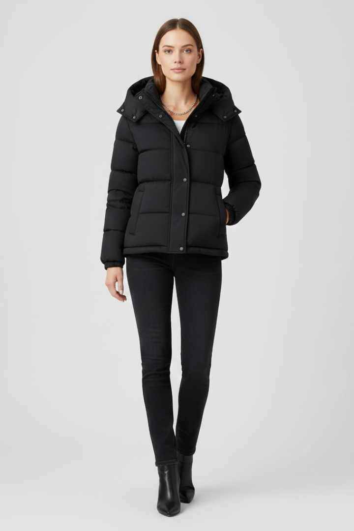 Women's Black Puffer Jacket with Hood and Zip Front