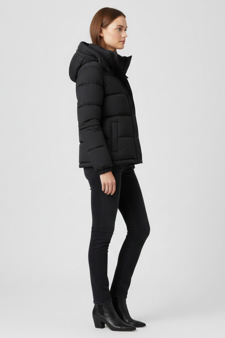 Women's Black Puffer Jacket with Hood and Zip Front