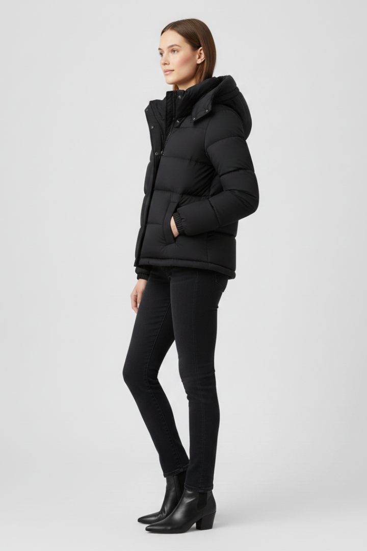 Women's Black Puffer Jacket with Hood and Zip Front