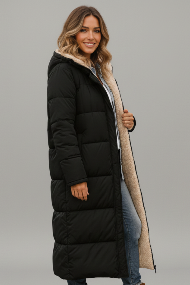 Women's Quilted Long Puffer Coat with Fixed Hood