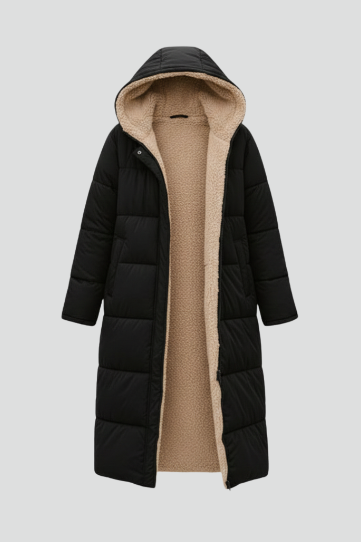 Women's Quilted Long Puffer Coat with Fixed Hood