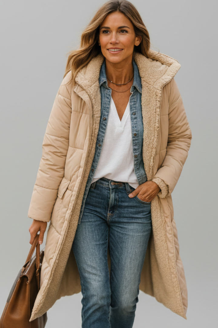 Women's Quilted Long Puffer Coat with Fixed Hood