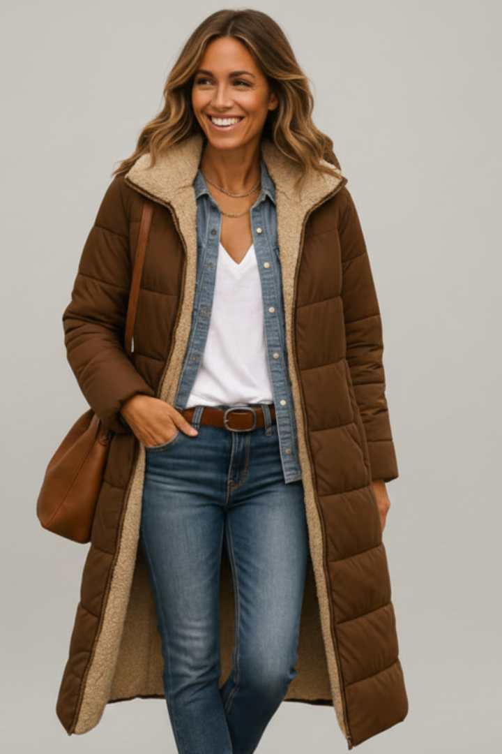 Women's Quilted Long Puffer Coat with Fixed Hood
