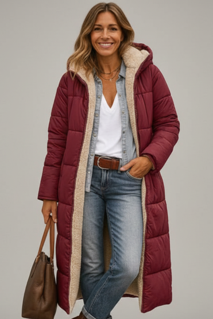 Women's Quilted Long Puffer Coat with Fixed Hood