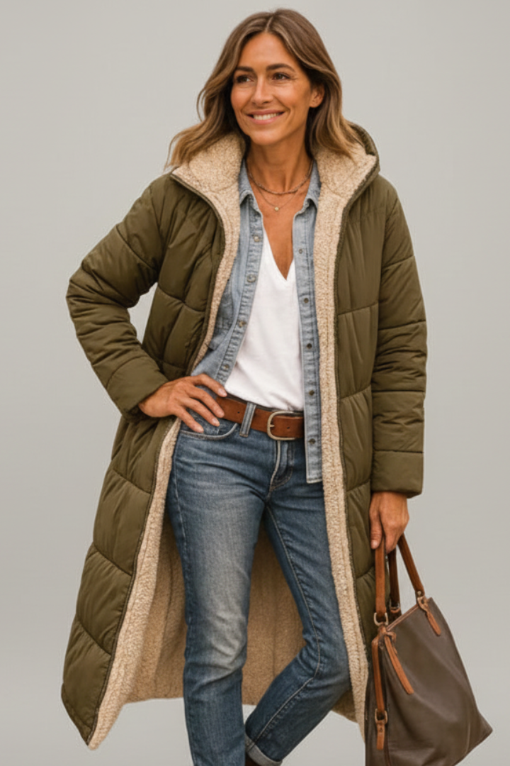 Women's Quilted Long Puffer Coat with Fixed Hood