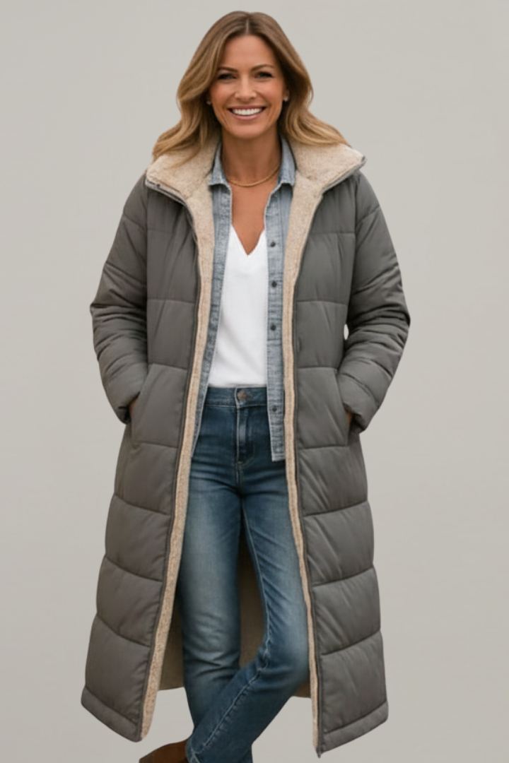 Women's Quilted Long Puffer Coat with Fixed Hood