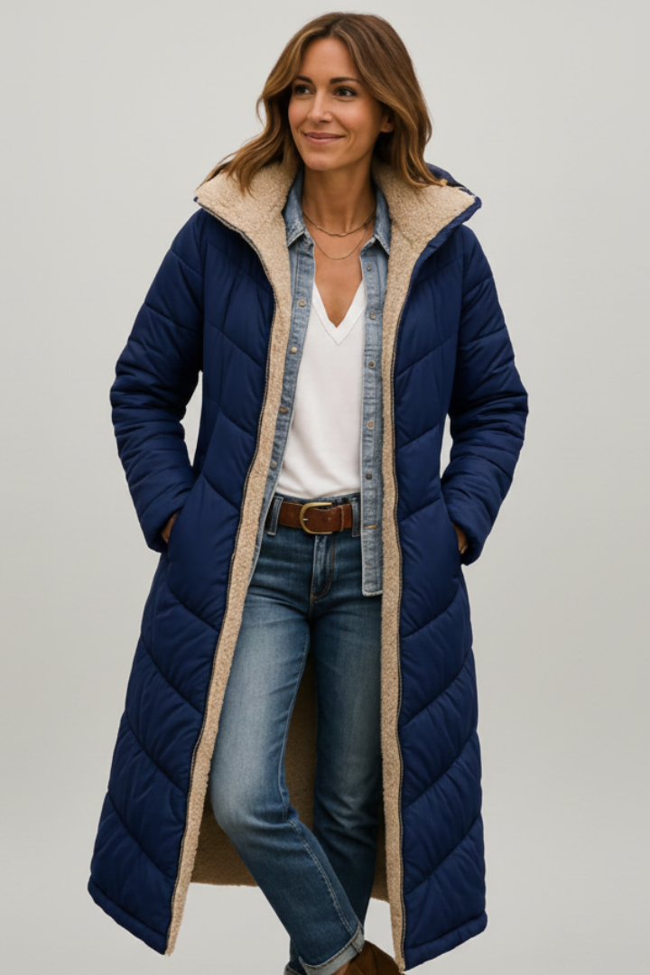 Women's Quilted Long Puffer Coat with Fixed Hood