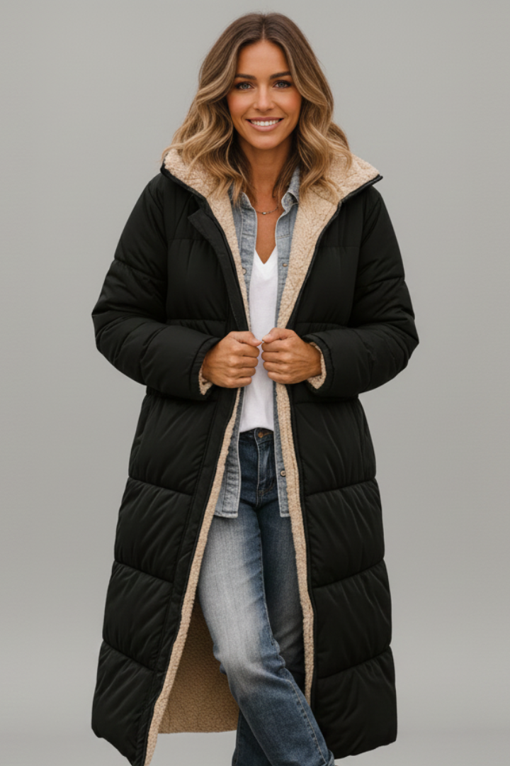 Women's Quilted Long Puffer Coat with Fixed Hood