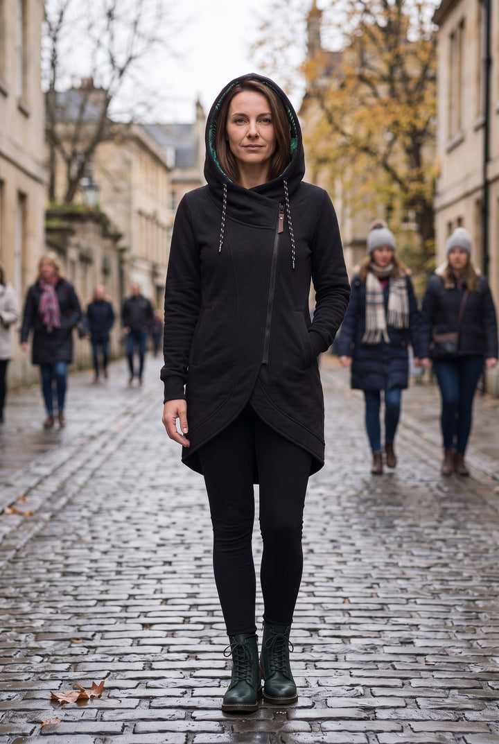 Women's Longline Hooded Coat with Asymmetric Zip
