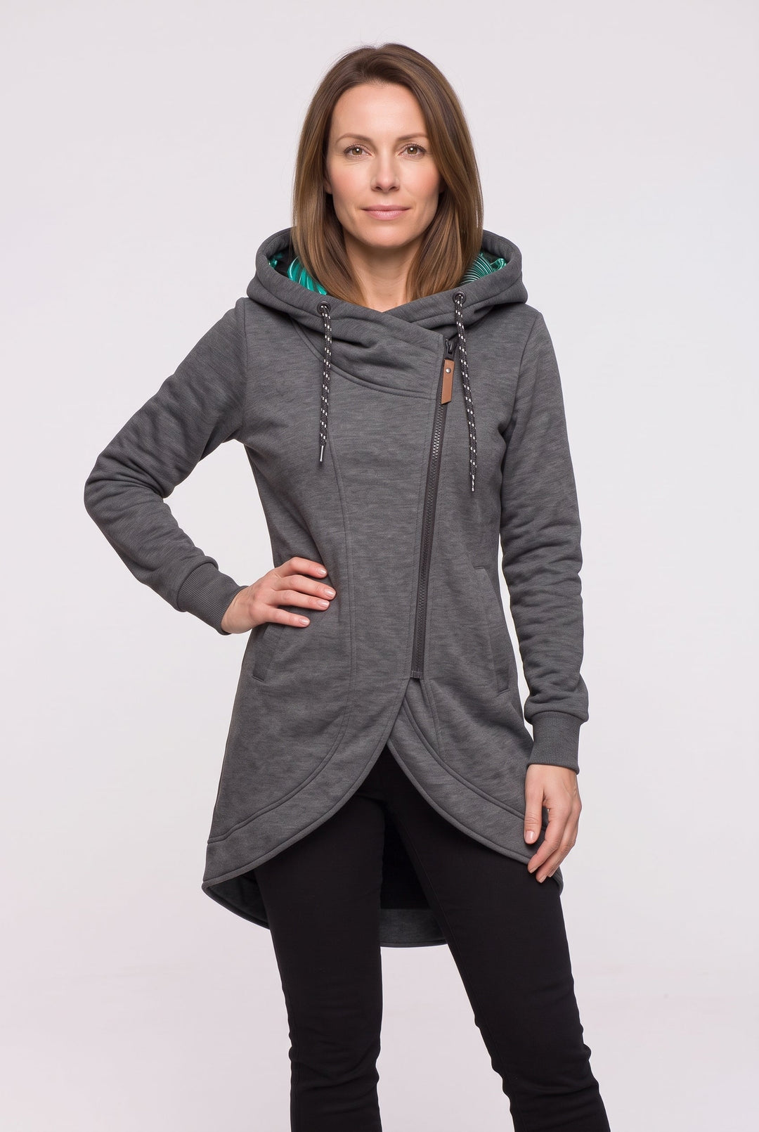 Women's Longline Hooded Coat with Asymmetric Zip