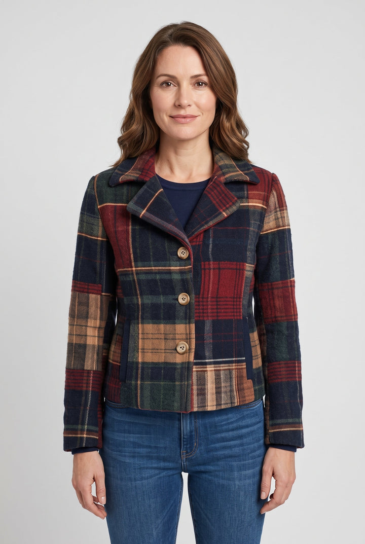 Women's Patchwork Check Jacket with Button Front