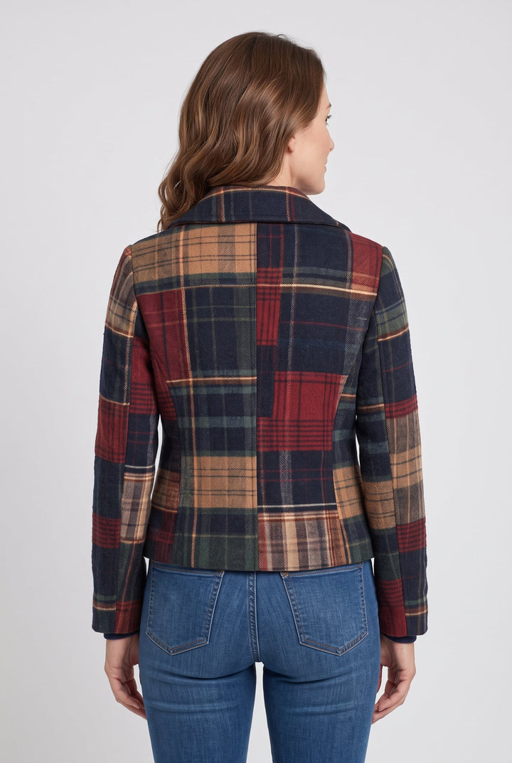 Women's Patchwork Check Jacket with Button Front