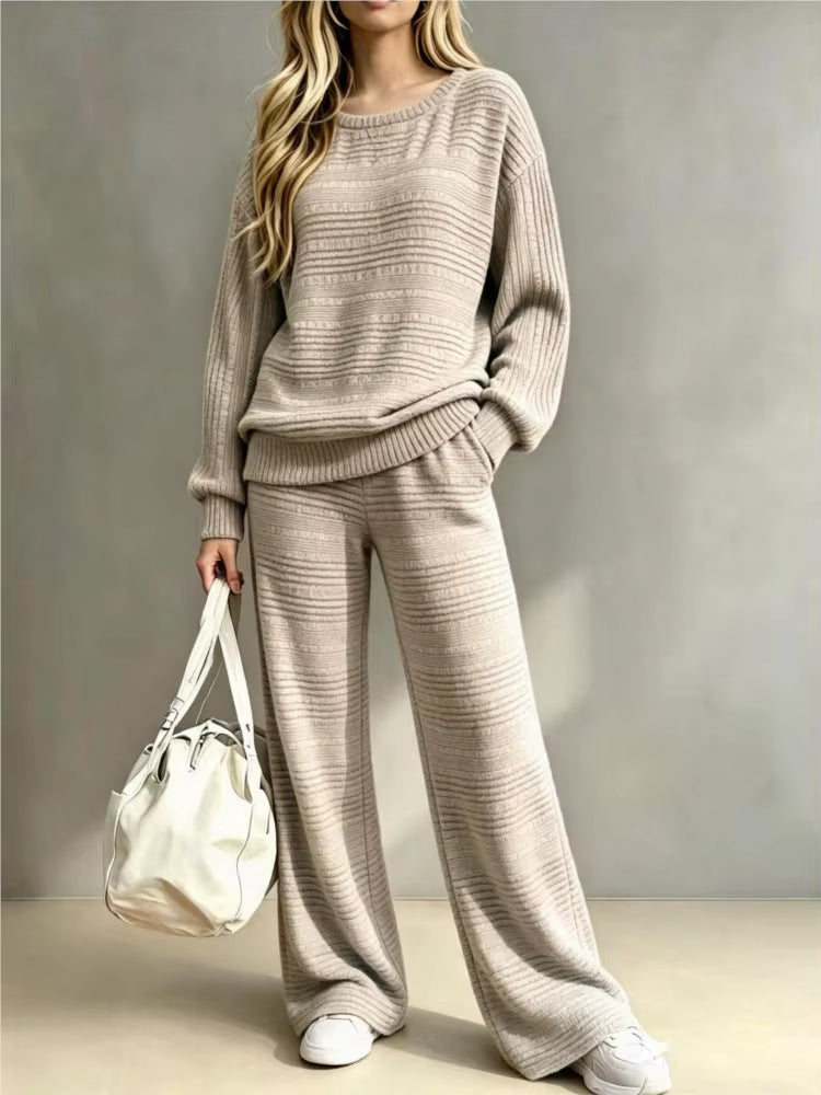 Women's Textured Knit Jumper and Wide Leg Trousers Set