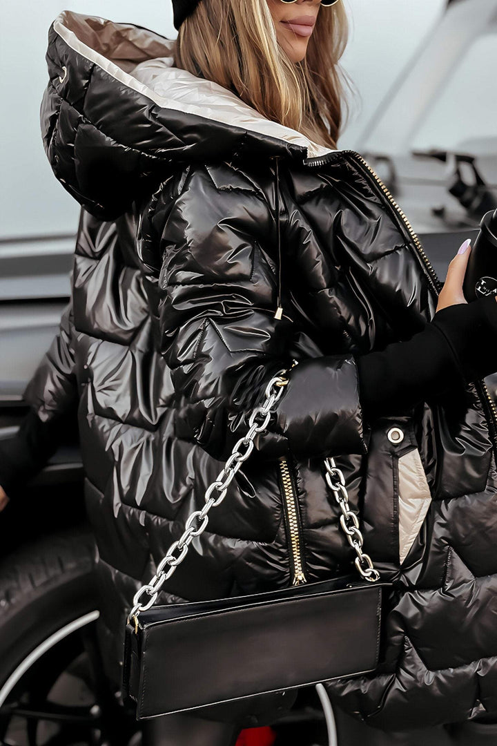 Women's Quilted Longline Puffer Coat with Padded Hood