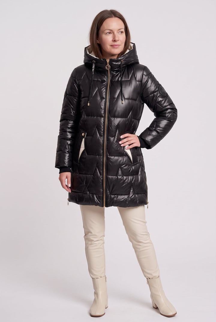 Women's Quilted Longline Puffer Coat with Padded Hood