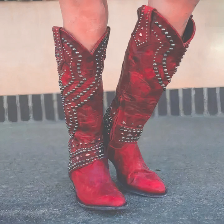 Women's Studded Leather Knee-High Boots with Block Heel