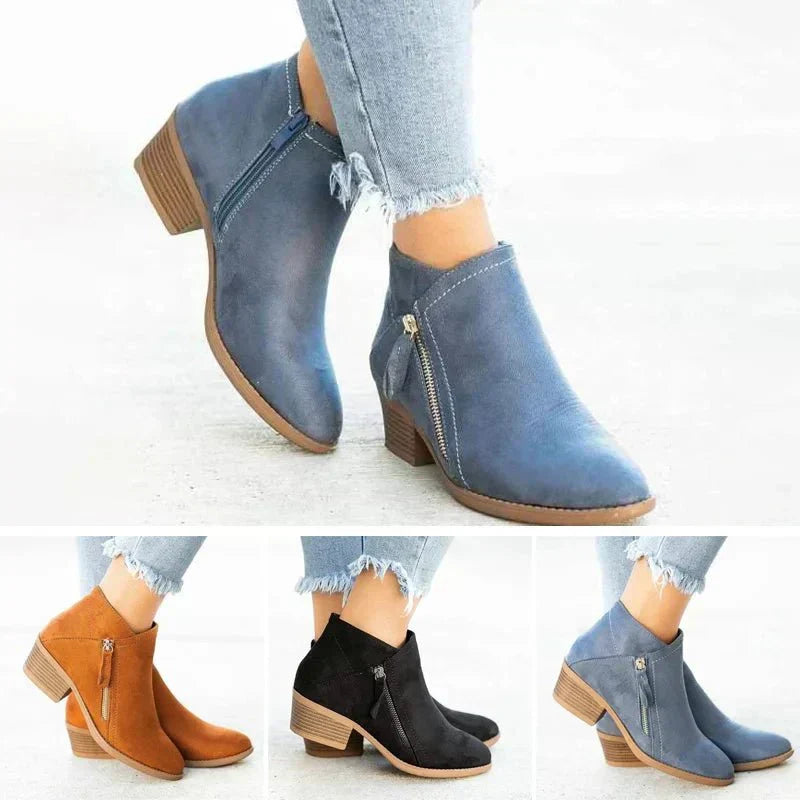 Women's Suede Ankle Boots with Side Zip Block Heel