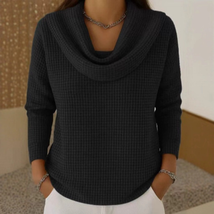 Women's Waffle Knit Cowl Neck Top with Long Sleeves