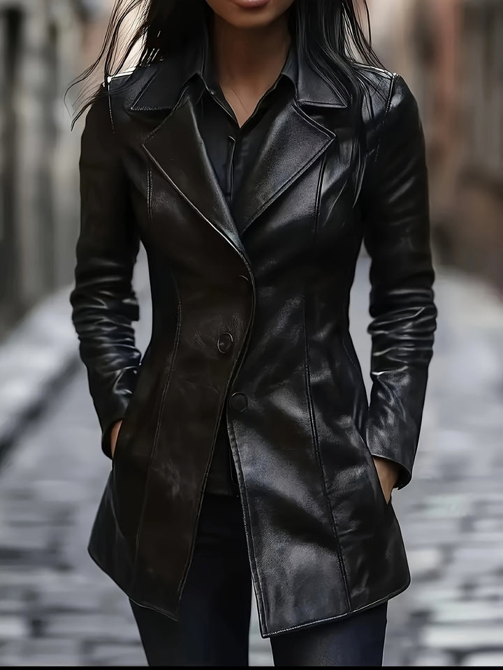 Women's Leather Longline Coat with Notch Lapel