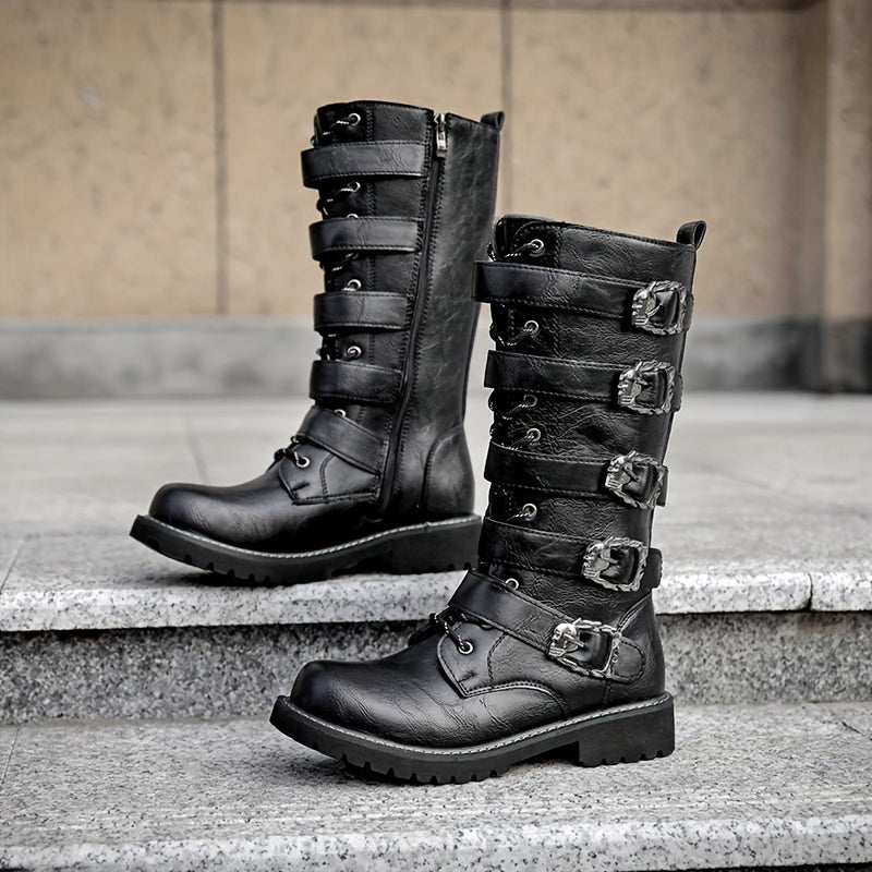 Men's Leather Buckle Strap Combat Boots with Side Zip