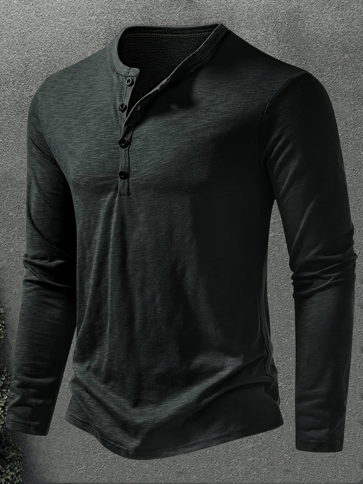 Men's Slub Knit Henley Shirt with Curved Hem