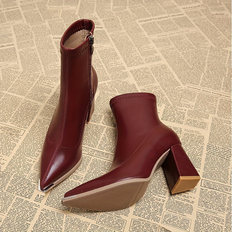 Women's Pointed Toe Block Heel Ankle Boots with Side Zip