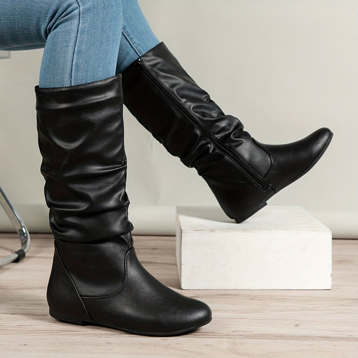 Bottes plates slouch pour femme, mi-mollet, avec fermeture éclair latérale