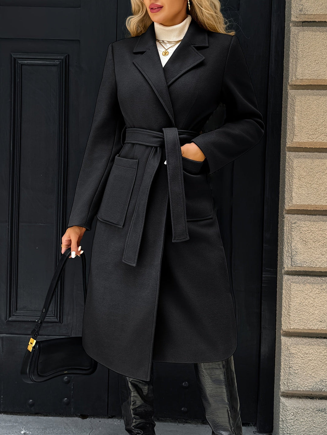 Women's Longline Belted Coat with Patch Pockets