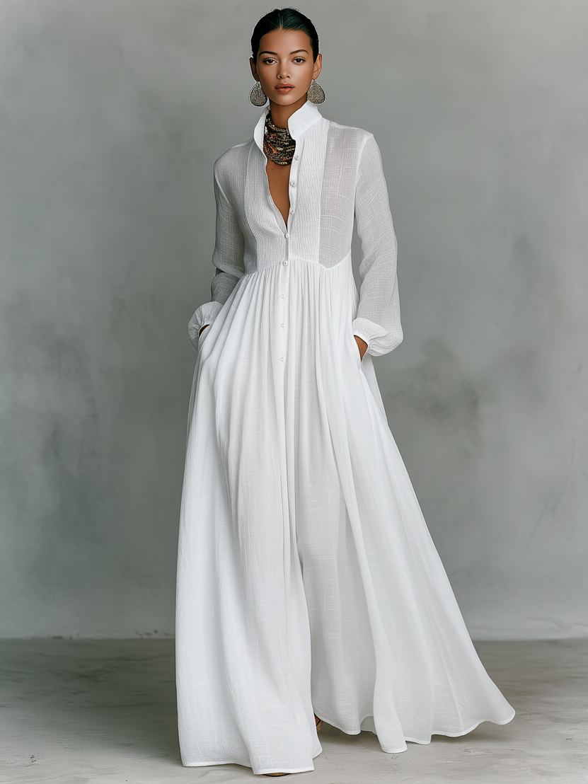 Women's Button-Front Maxi Dress with Stand Collar