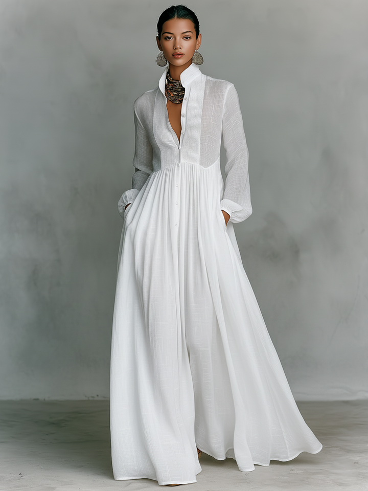 Women's Button-Front Maxi Dress with Stand Collar