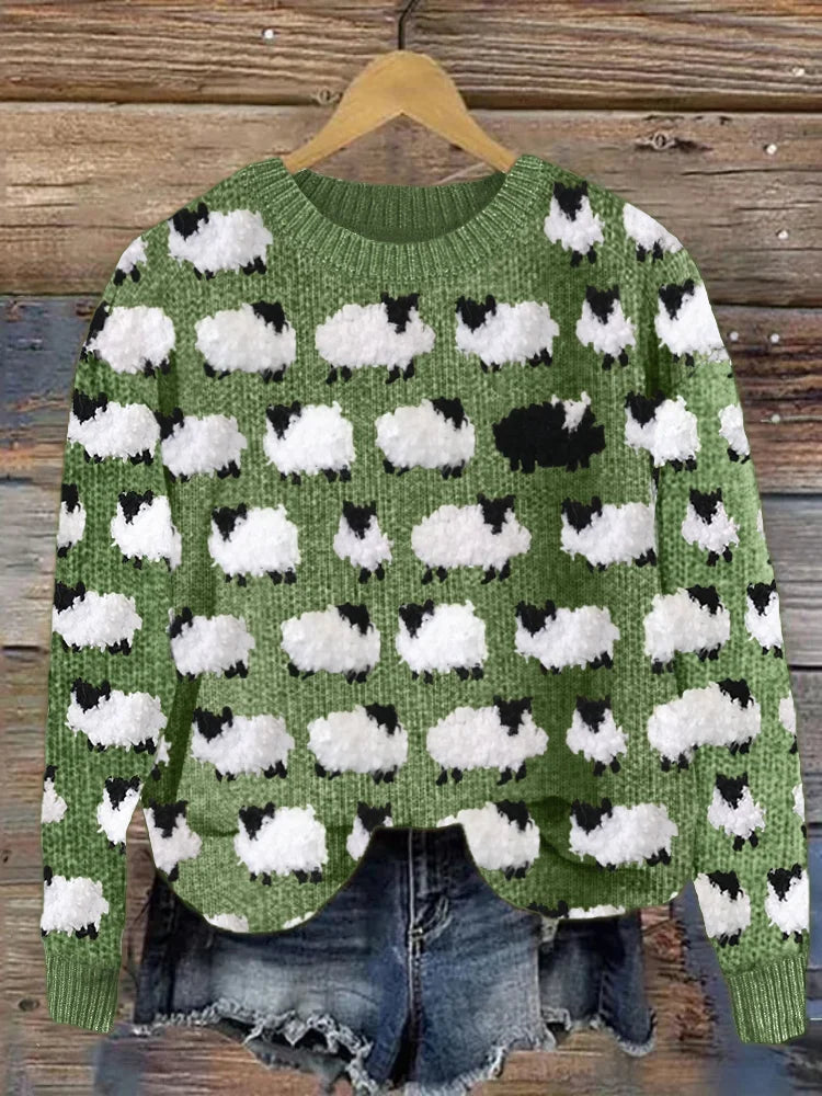 Pull en maille épaisse pour femme avec motif mouton et col rond