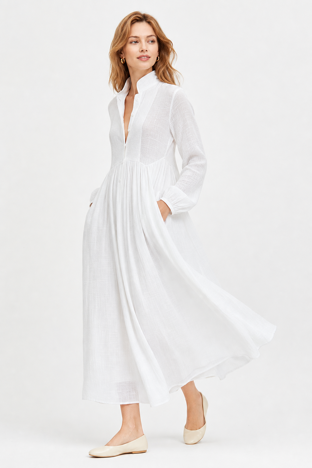 Women's Button-Front Maxi Dress with Stand Collar