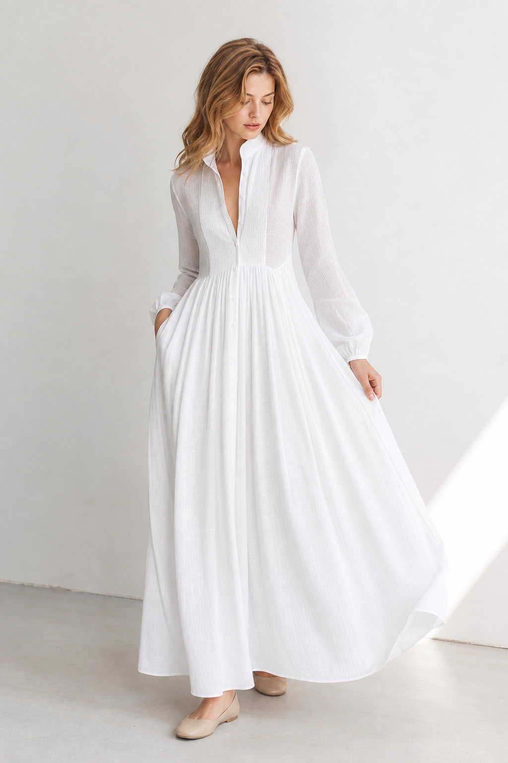 Women's Button-Front Maxi Dress with Stand Collar