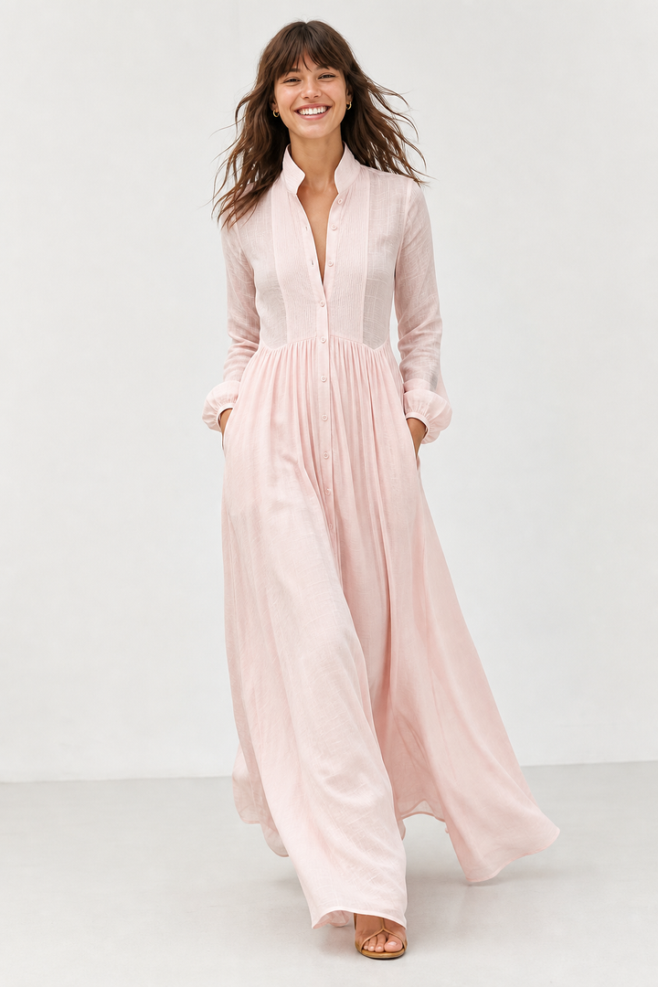 Women's Button-Front Maxi Dress with Stand Collar