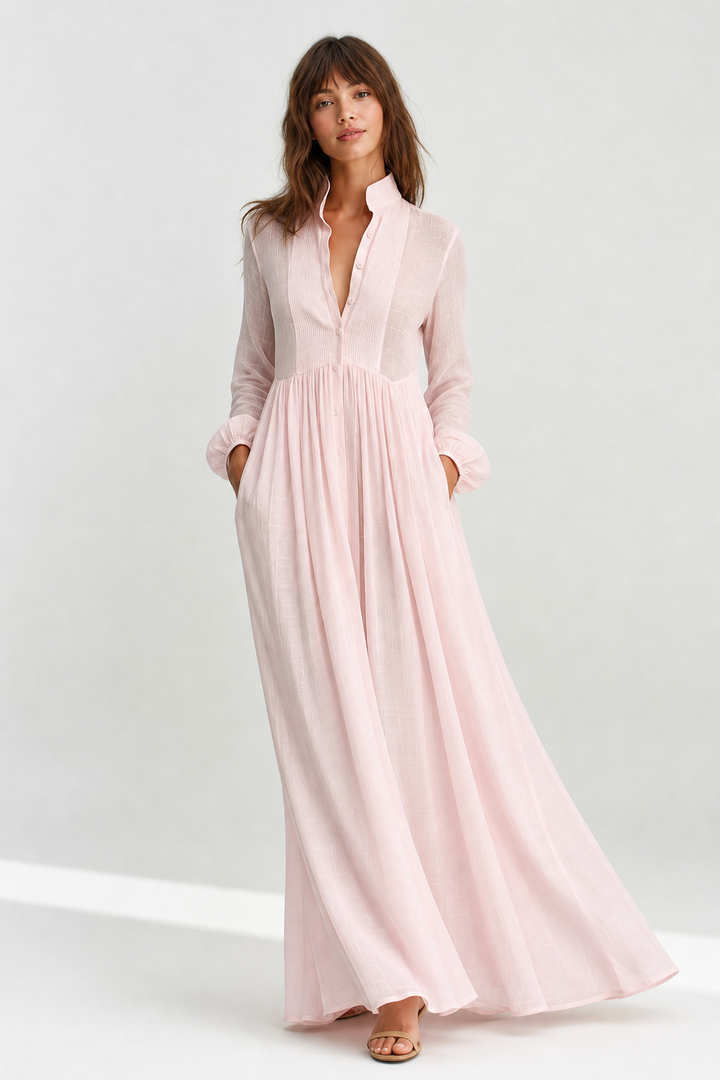 Women's Button-Front Maxi Dress with Stand Collar