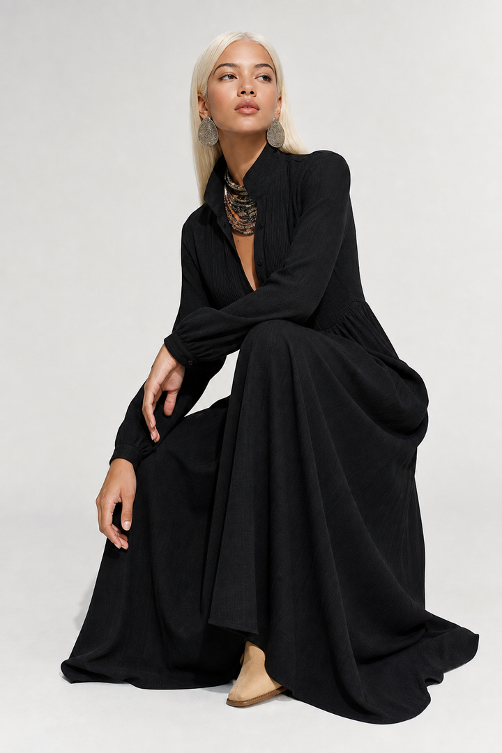 Women's Button-Front Maxi Dress with Stand Collar