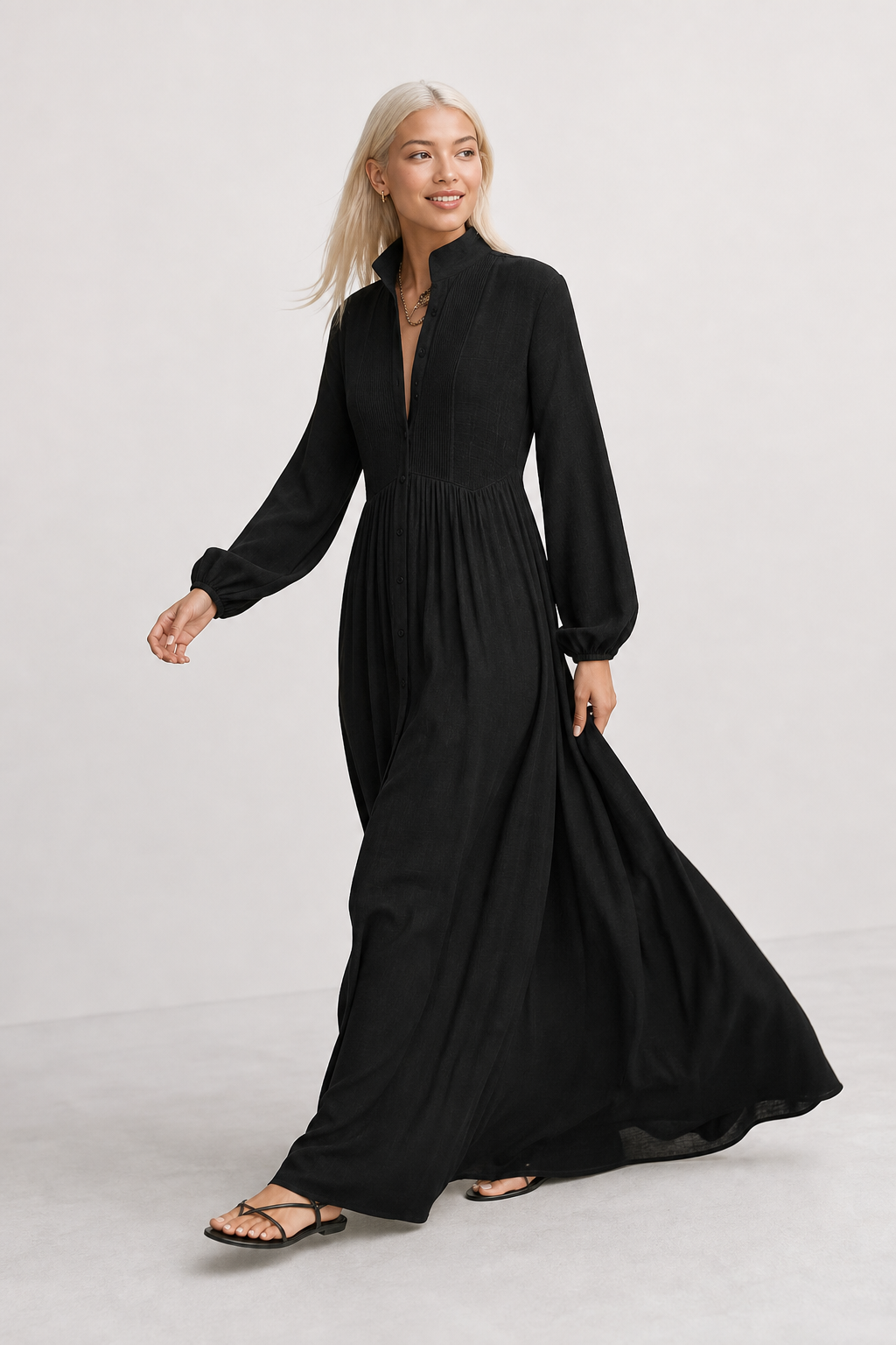 Women's Button-Front Maxi Dress with Stand Collar