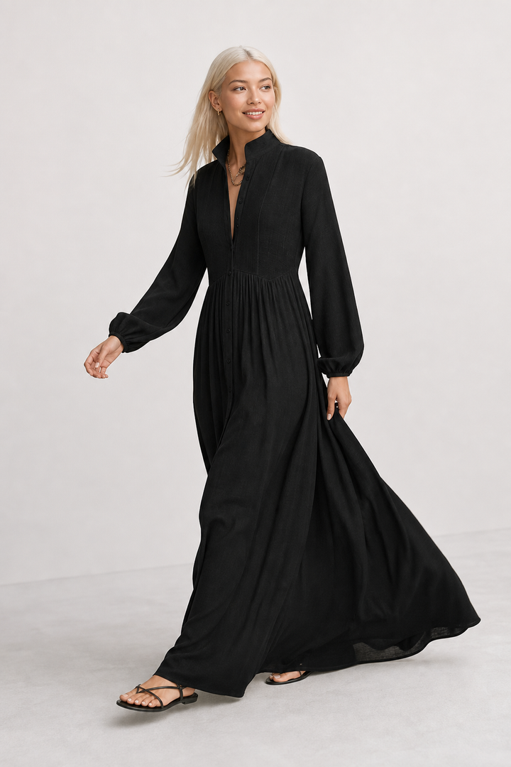 Women's Button-Front Maxi Dress with Stand Collar
