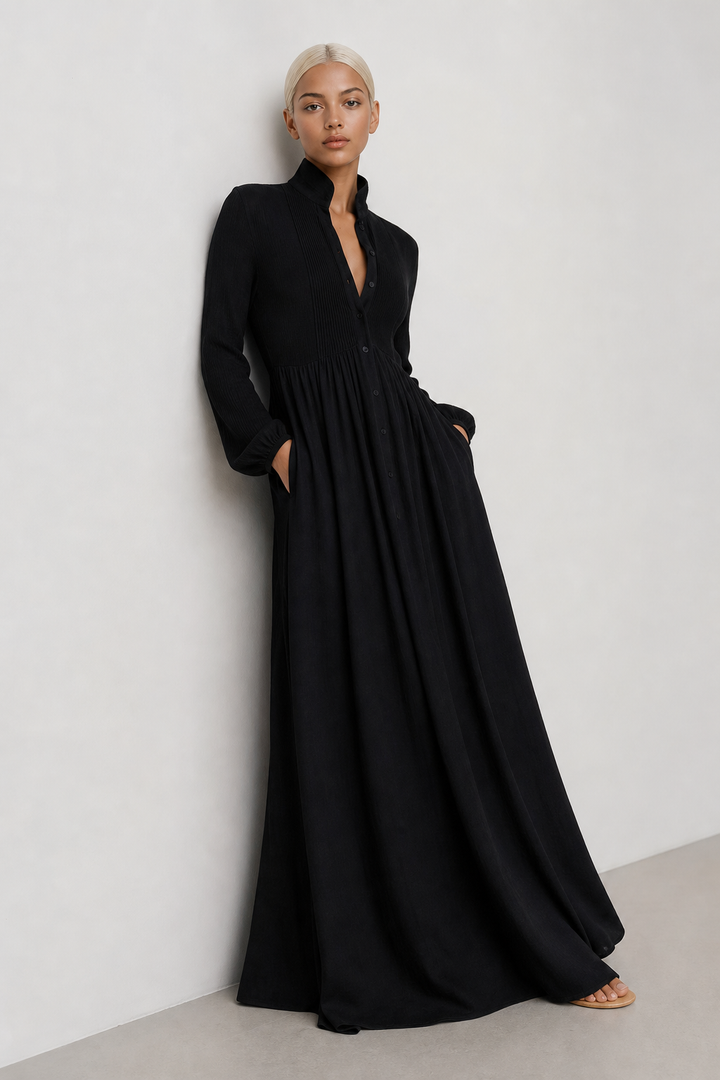 Women's Button-Front Maxi Dress with Stand Collar