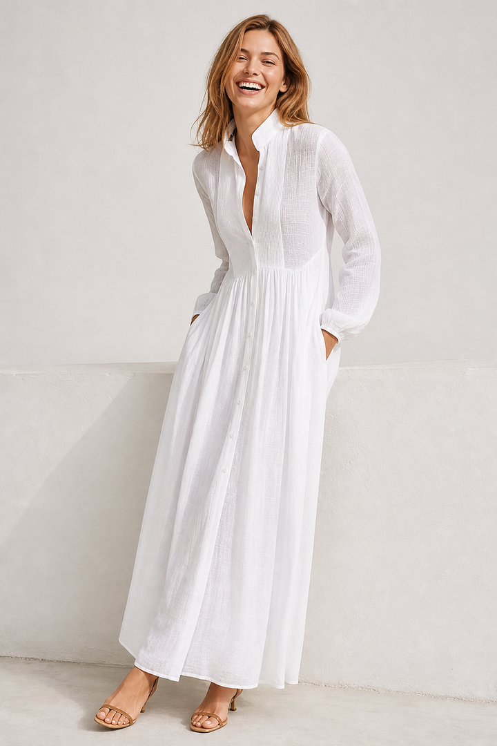 Women's Button-Front Maxi Dress with Stand Collar