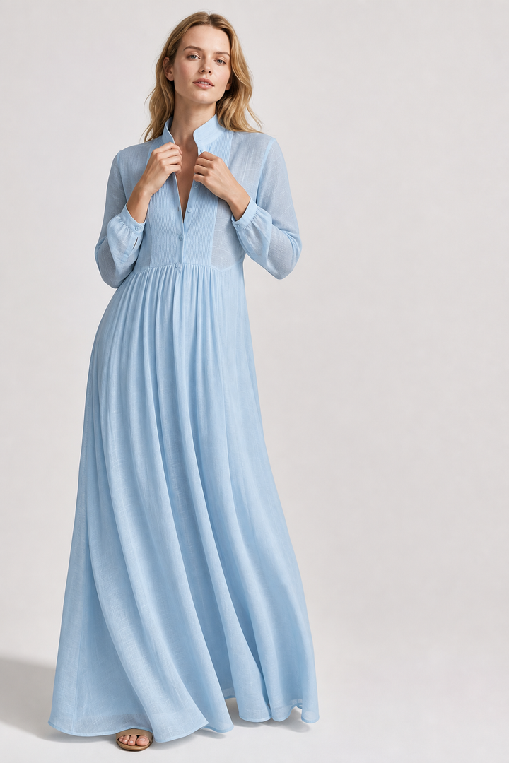 Women's Button-Front Maxi Dress with Stand Collar