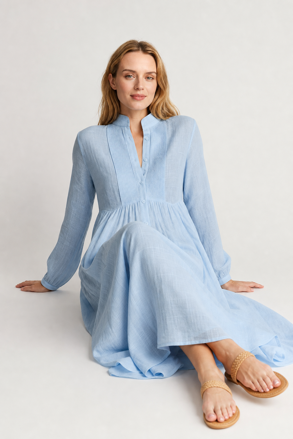 Women's Button-Front Maxi Dress with Stand Collar