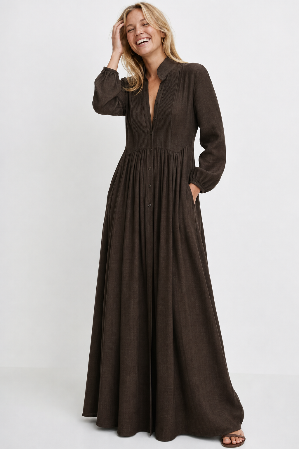 Women's Button-Front Maxi Dress with Stand Collar