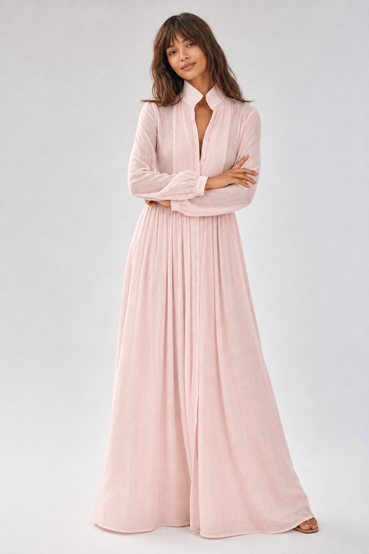 Women's Button-Front Maxi Dress with Stand Collar