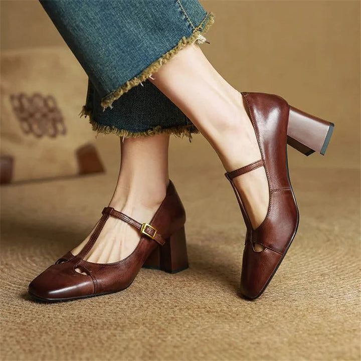 Women's Leather T-Strap Mary Jane Heels with Square Toe