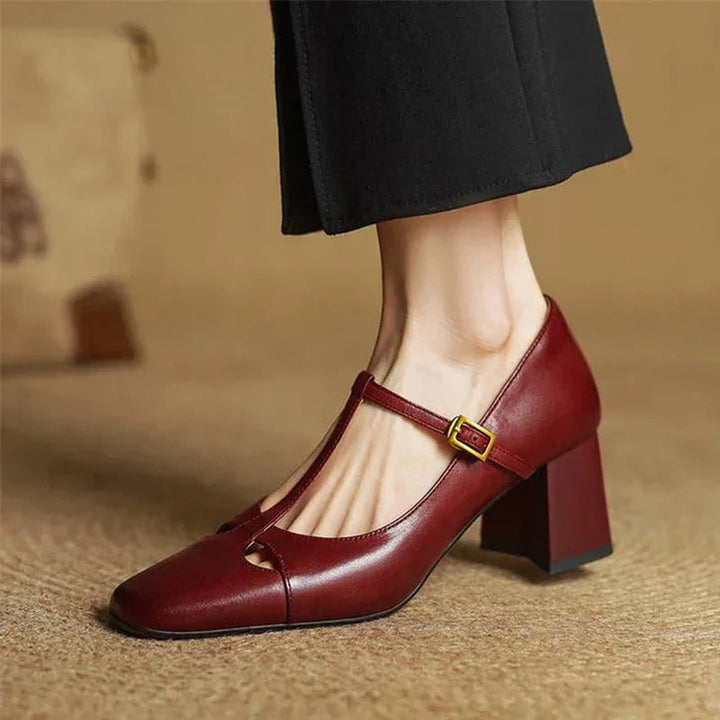 Women's Leather T-Strap Mary Jane Heels with Square Toe