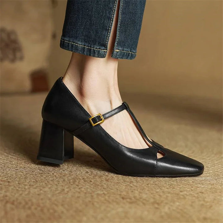Women's Leather T-Strap Mary Jane Heels with Square Toe